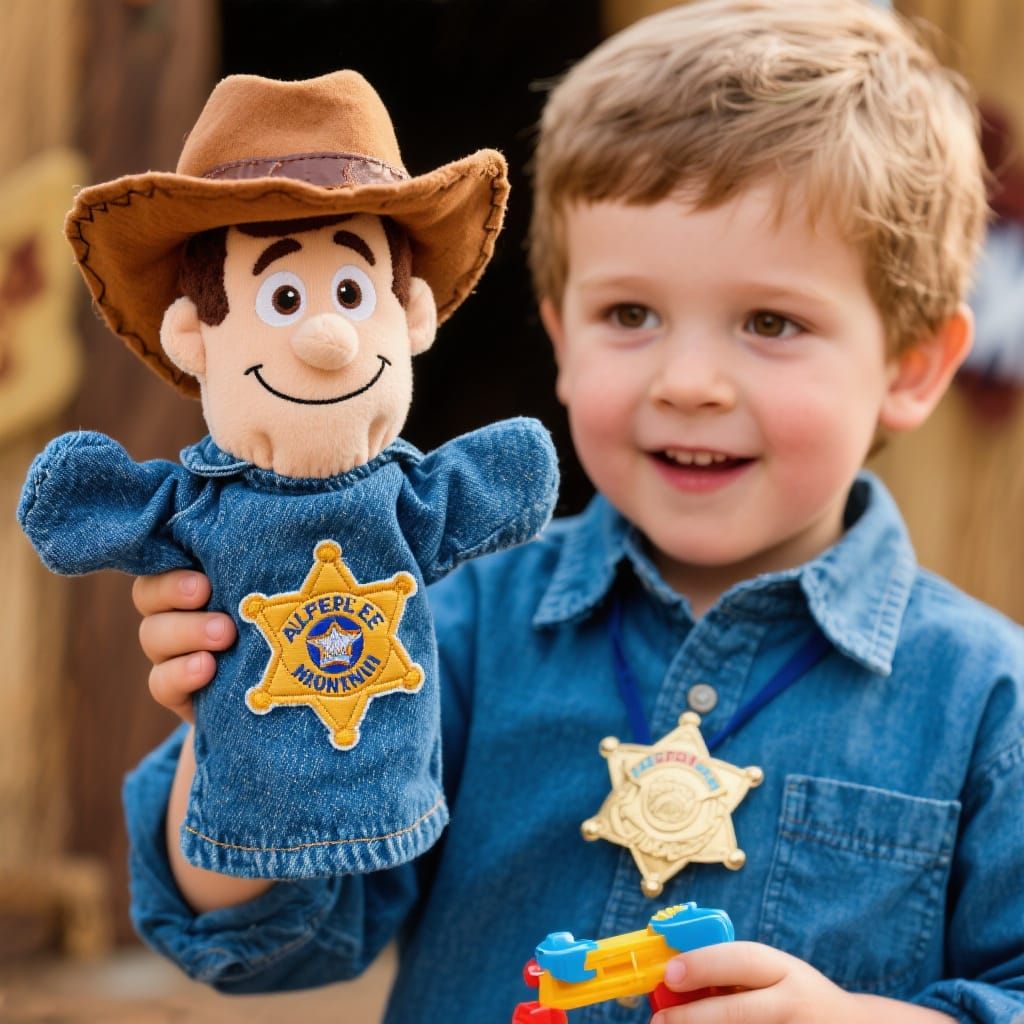 Boy Plays with Chambray Sheriff Hand Puppet