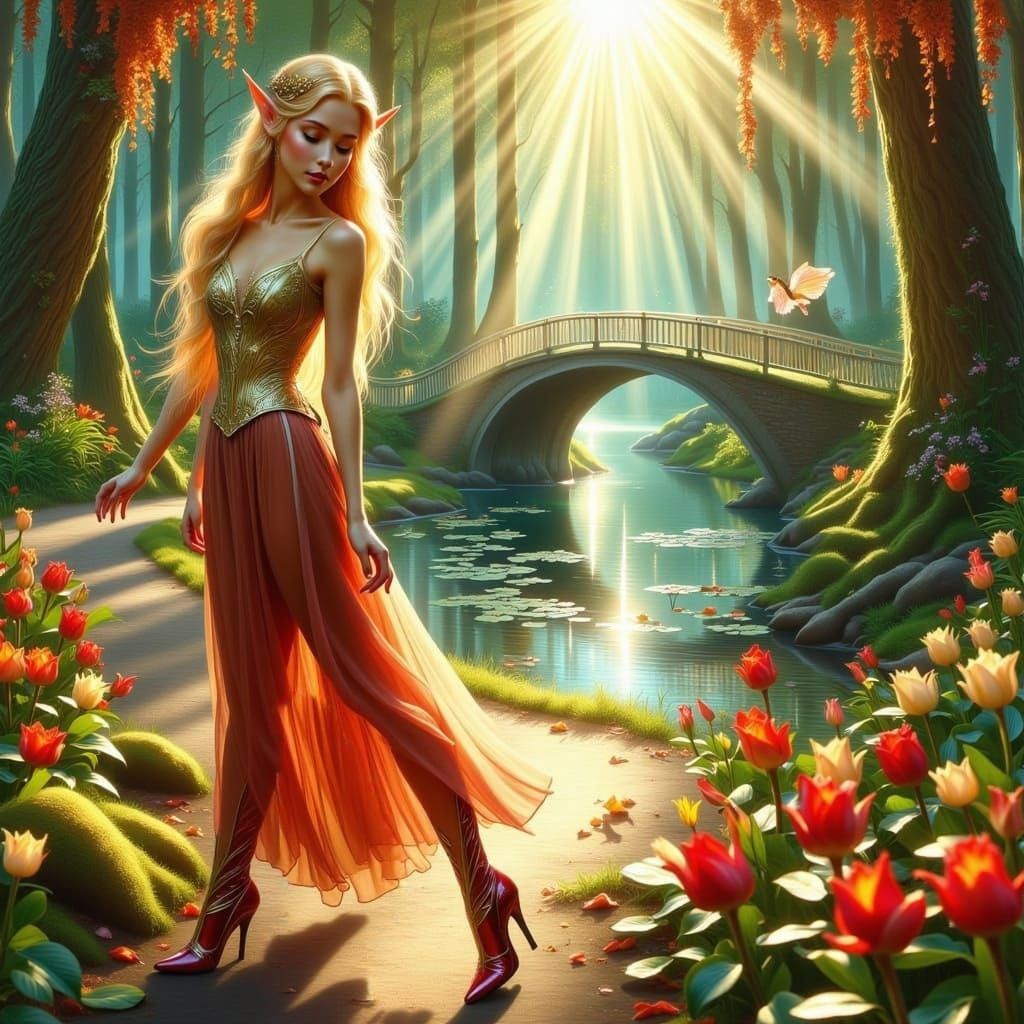 Ethereal Elf Woman on Cobbled Road Fairytale