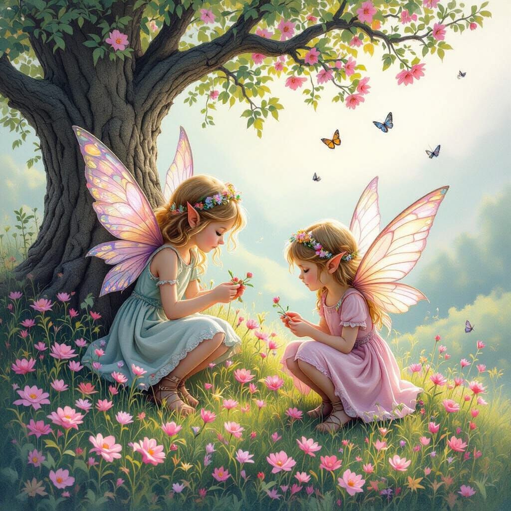 Elves Help Children Pick Flowers in Magical Garden