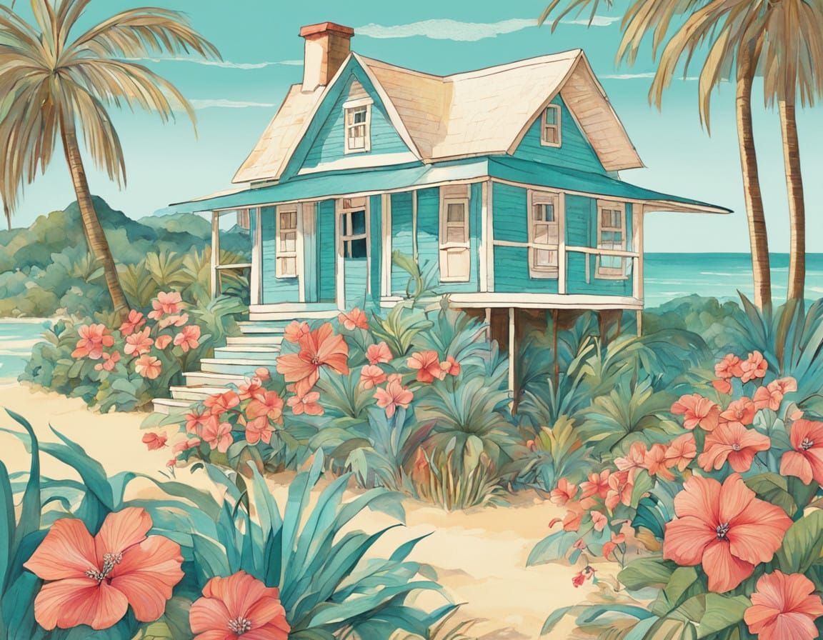 Hawaiian Beach Cottage in Dreamy Watercolor Style