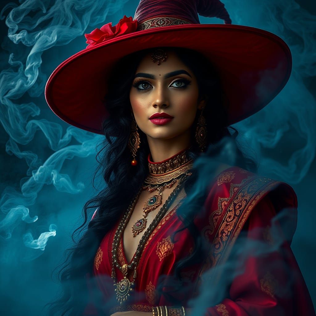 Mystical South Asian Witch in Red and Gold