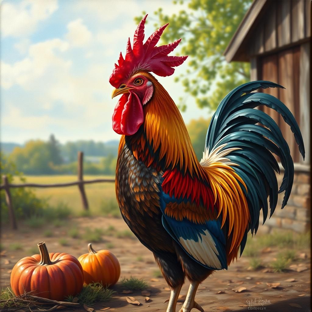 Hyperrealistic Rooster Welcomes October in Farm Yard