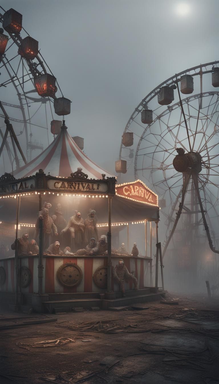 Eerie Foggy Abandoned Carnival with Ghostly Clowns