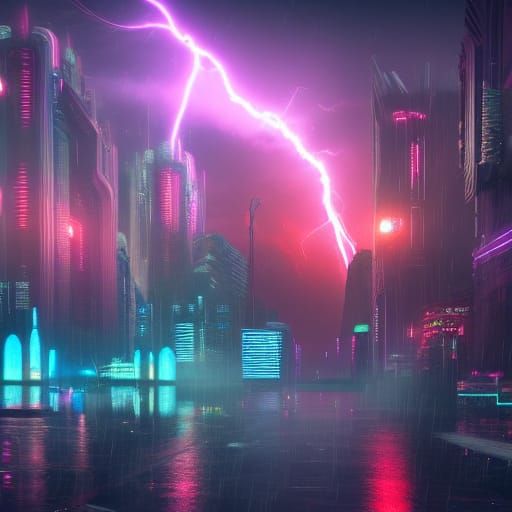 Cyberpunk Cityscape with Lightning in Digital Art