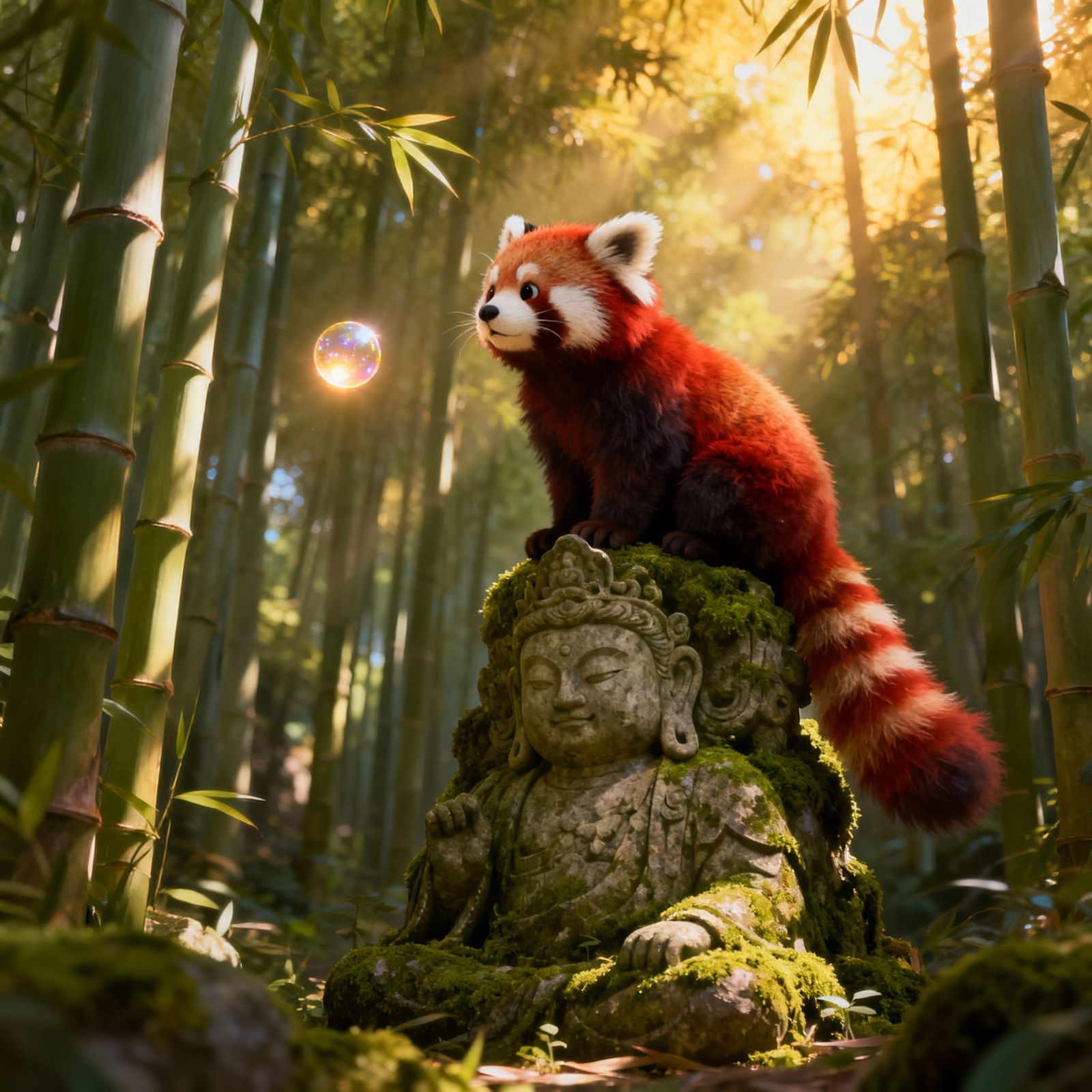 Red Panda on Ancient Statue in Bamboo Forest