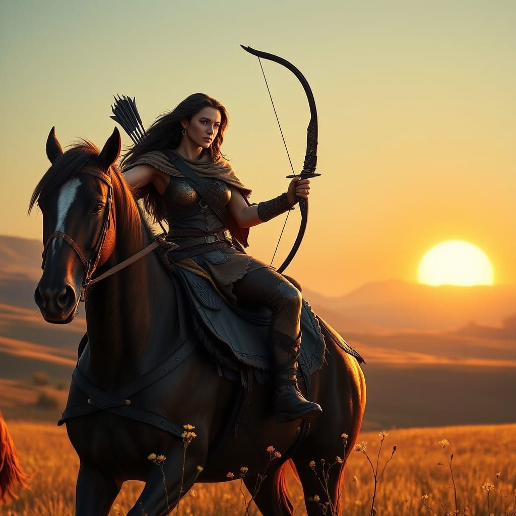 Amazonian Warrior Rides into Dawn on Majestic Horse