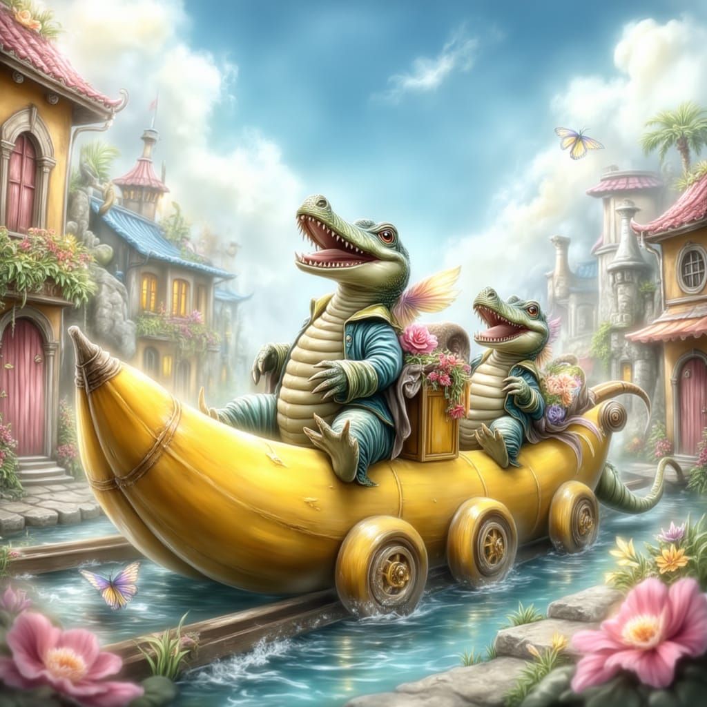Crocodiles Enjoying a Theme Park Ride in 3D Cartoon Style