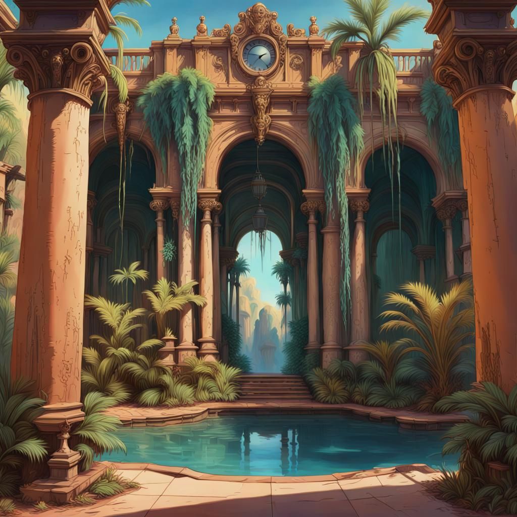 Opulent Desert Oasis Mirage in Studio Ghibli Style