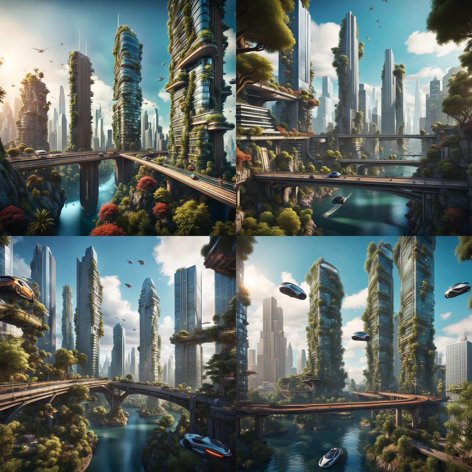 Utopian Cityscape with Flying Cars and Lush Nature