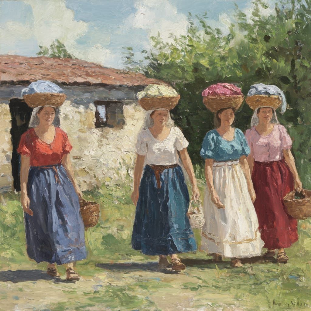 Peasant Women Stroll Away from a Stone Washhouse in Impressi...