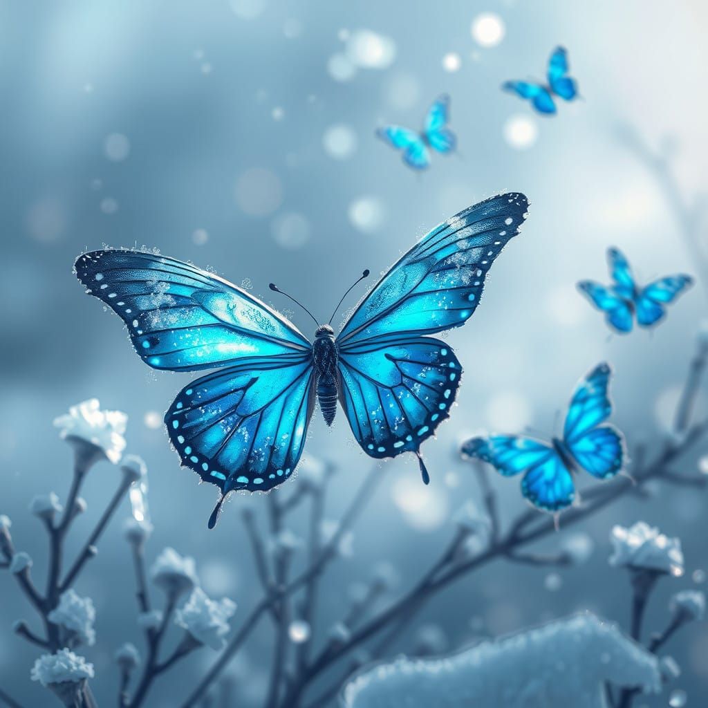 Mystical Winter Butterflies Dance in Iridescent Blue, Frosty...