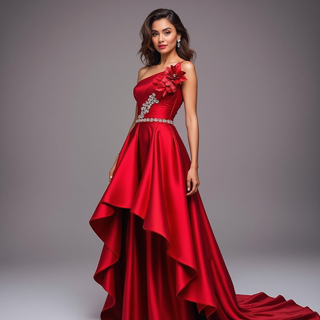 Crimson Red Satin Evening Gown in Dramatic Style