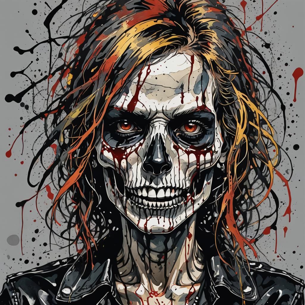 Skull-Faced Punk Rockstar in Ink Wash Painting