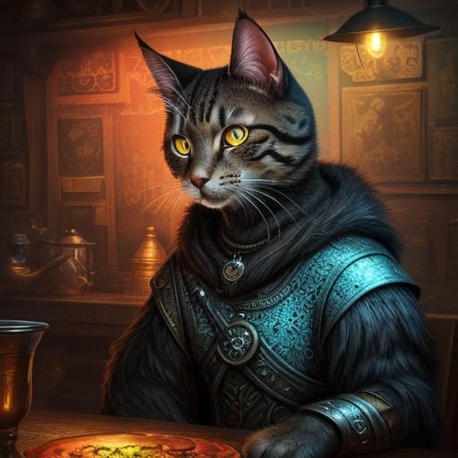 Khajiit in Skyrim Tavern: Pointillist Airbrush Art