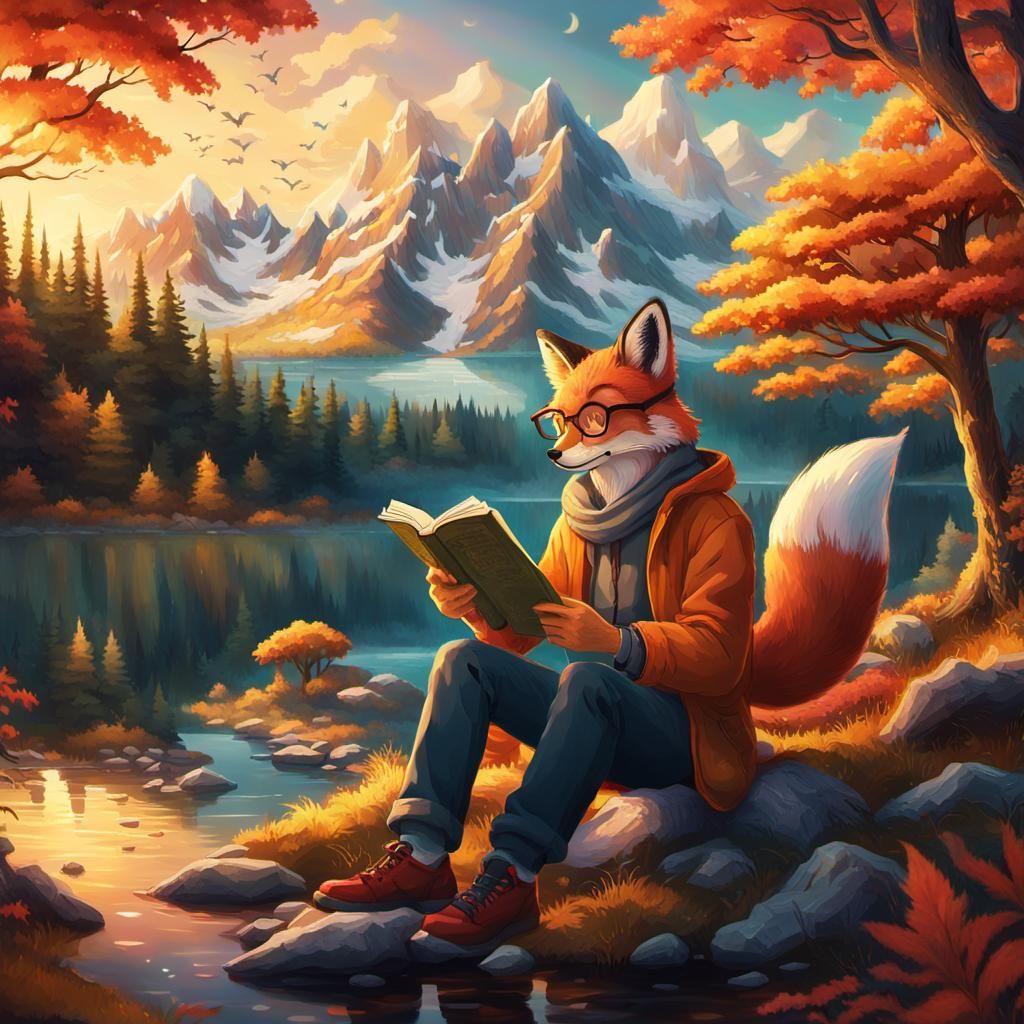 Fox-Eared Man Reading in Autumn Fantasy Landscape