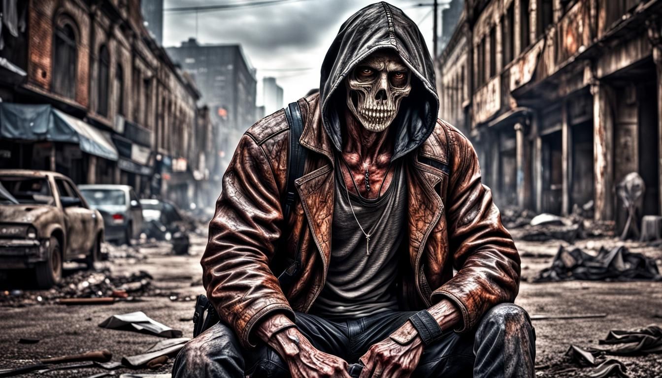 Hyperrealistic Vigilante in a Dead Cityscape