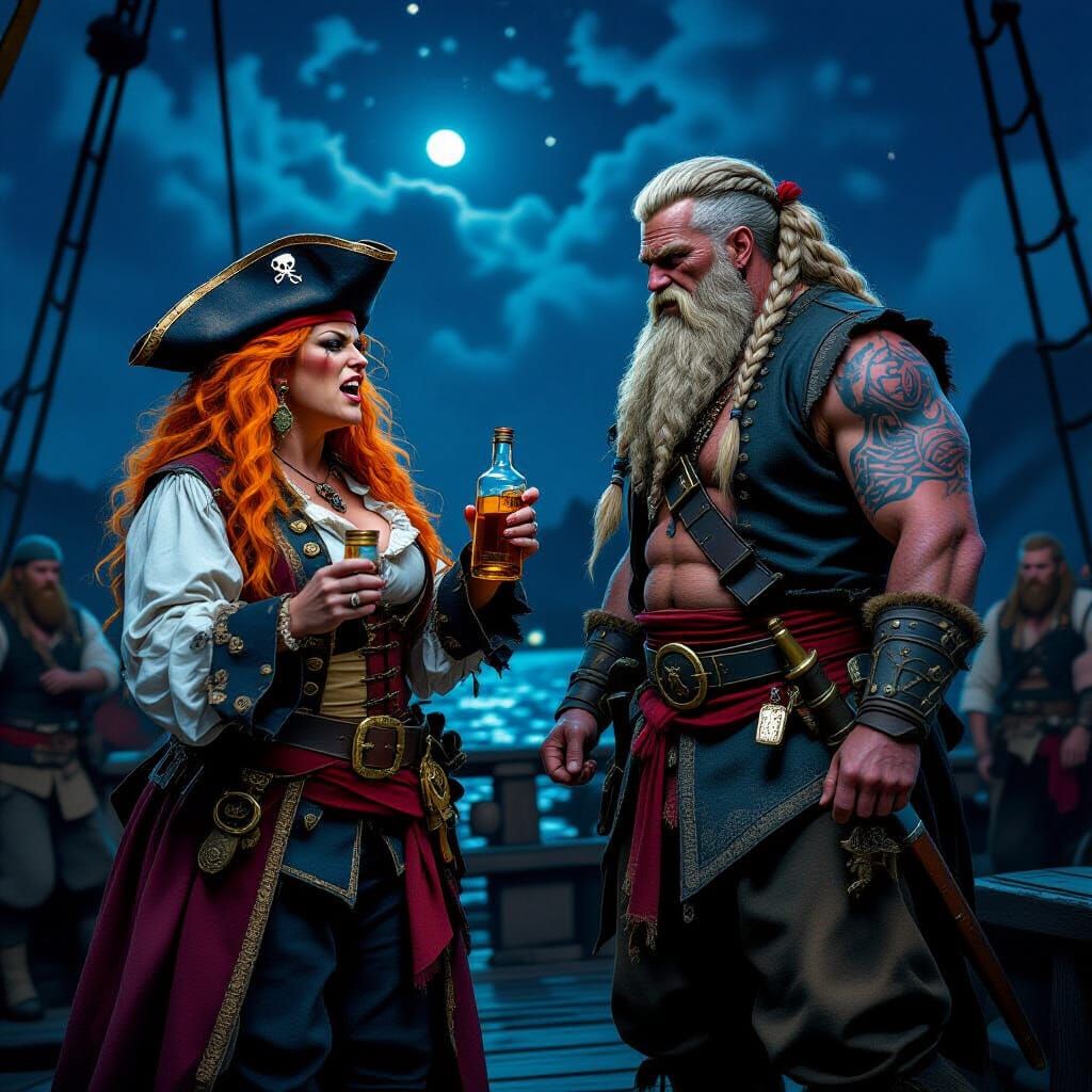 Drunk Pirate Captain Argues With Viking on Ship Deck