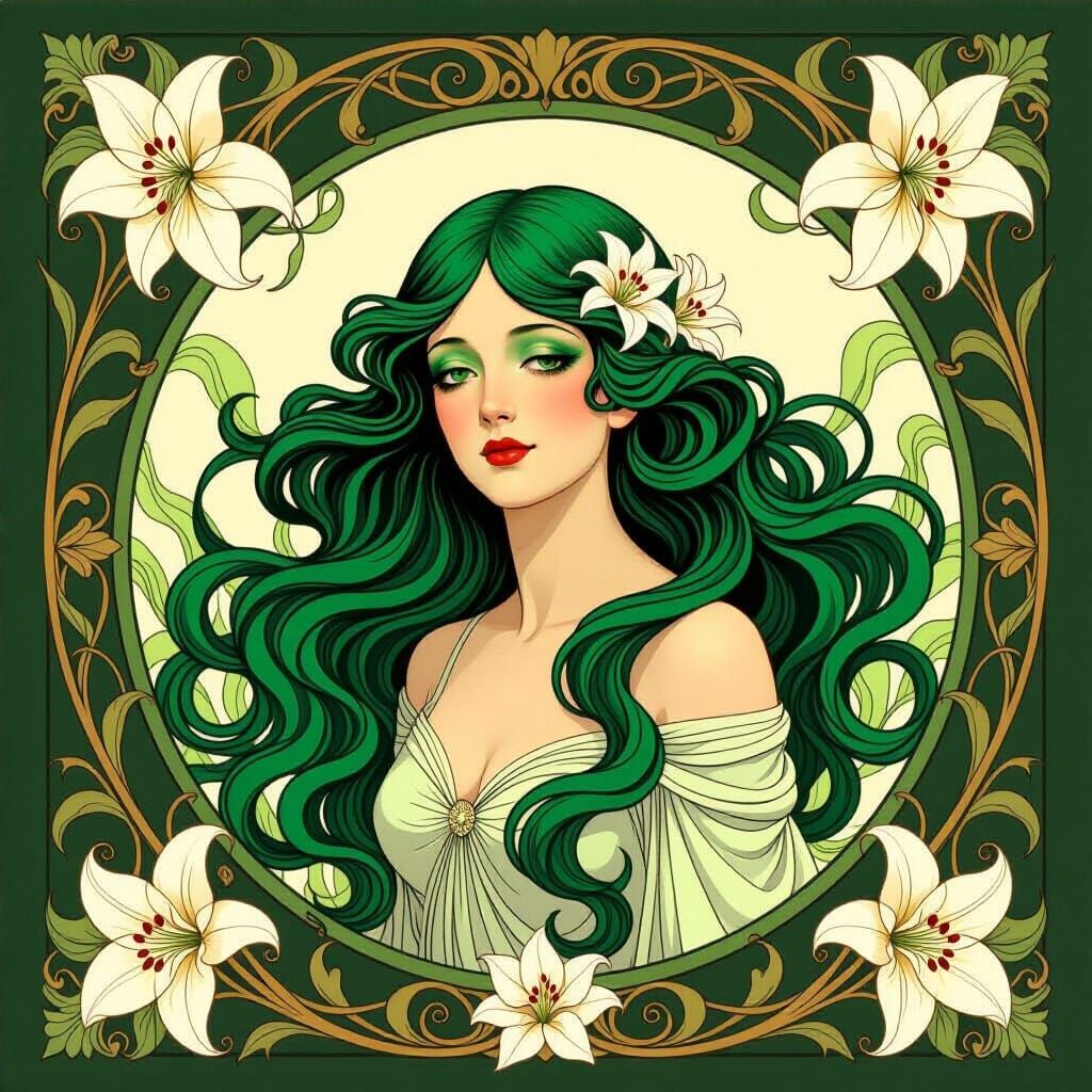 Ethereal Woman Transforms into Plant Vines in Art Nouveau St...