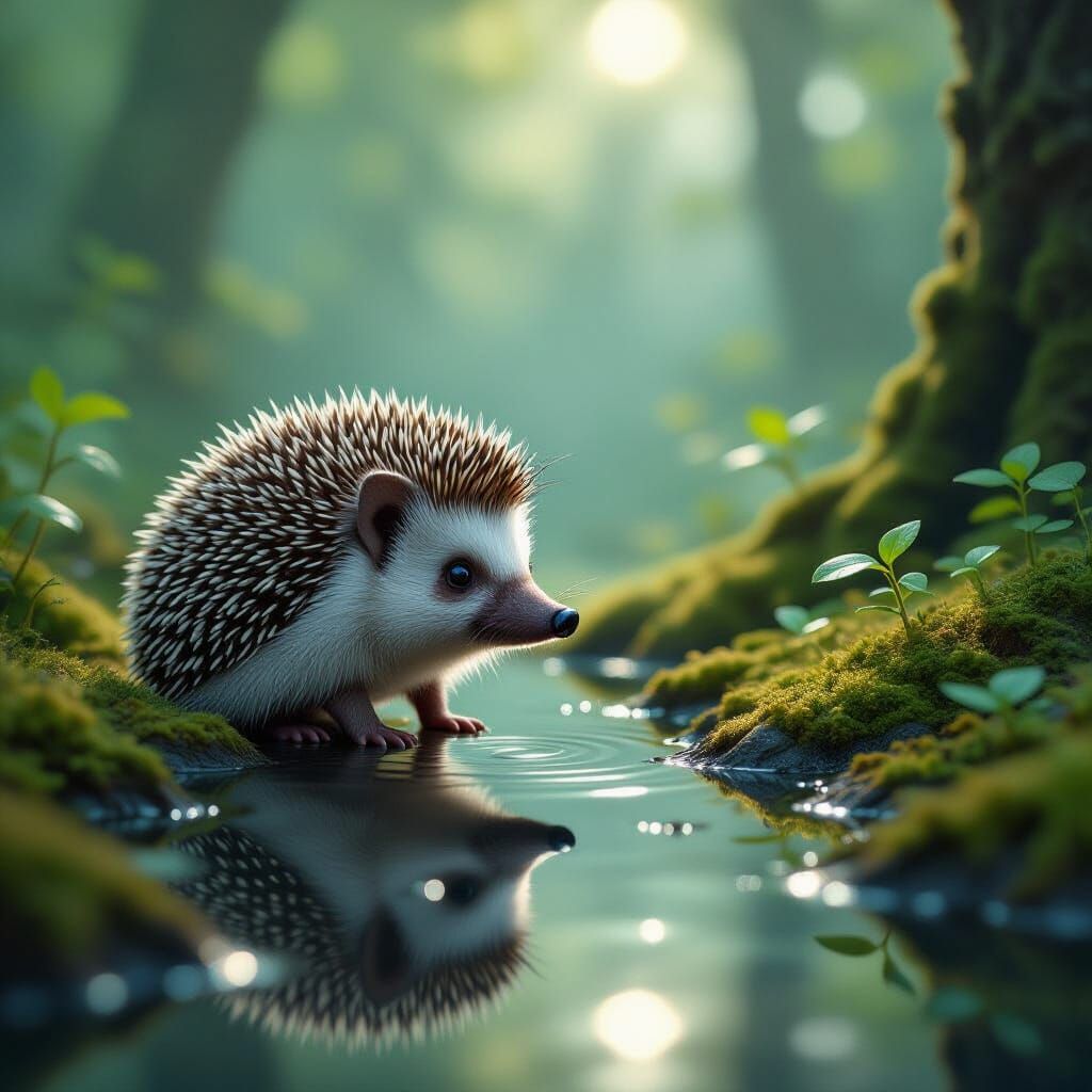 Hedgehog With Leaf Quills Reflects in Dewdrop