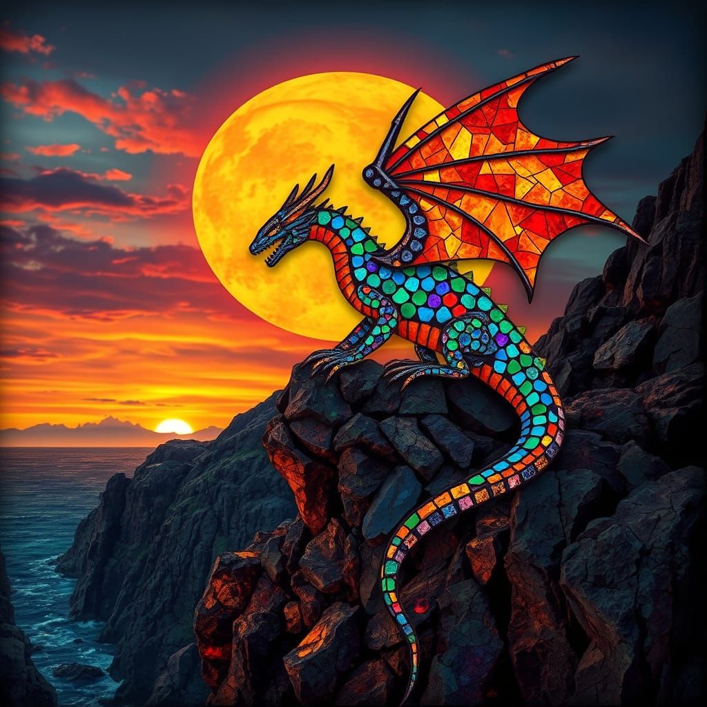 Dragon Mosaic Sunset: Reptilian Hand assembles Glass Art