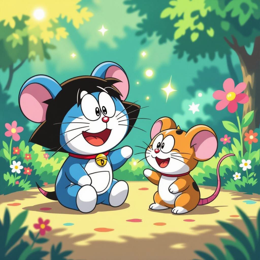 Doraemon and Colorful Mouse Playful Illustration