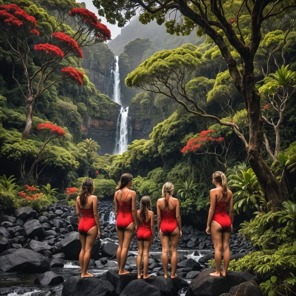 Girls by Reunion Island Waterfall with Flamboyant Tree