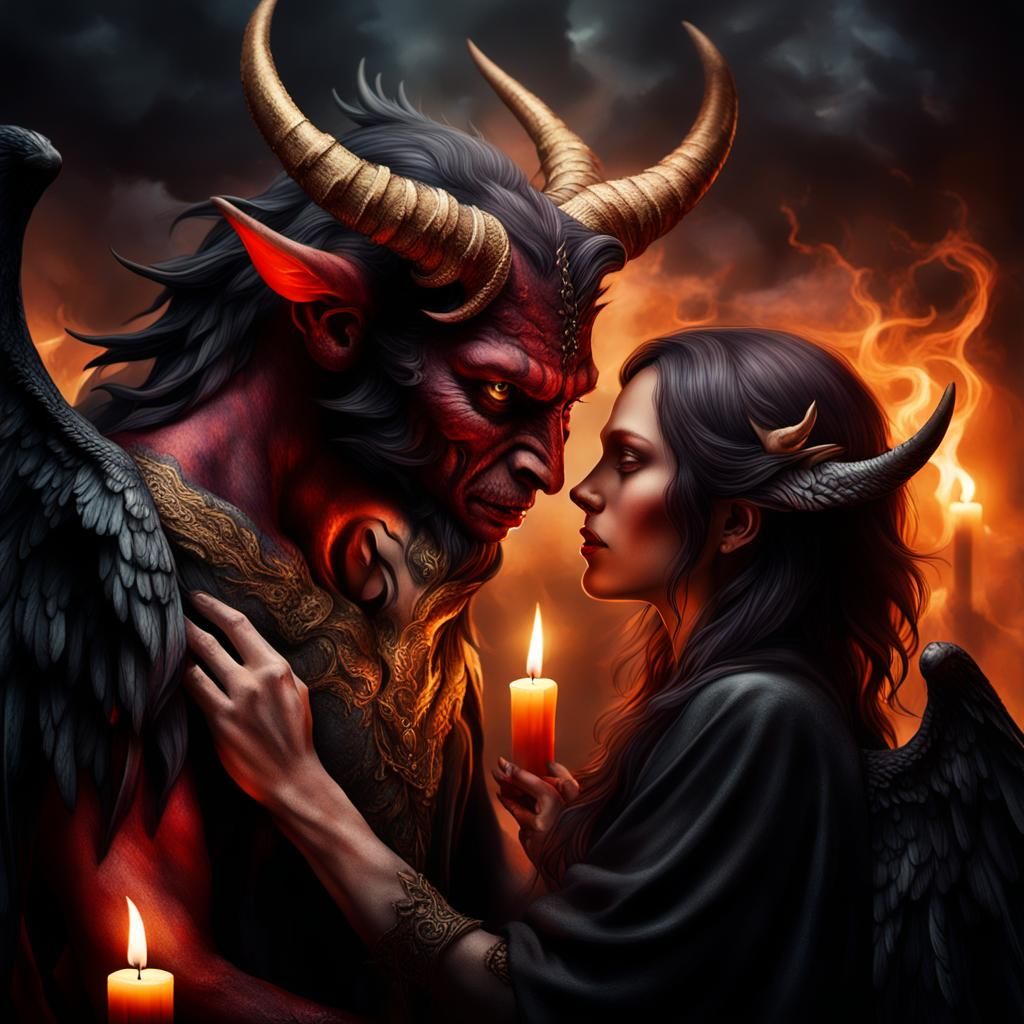 Devil and Dark Angel Embrace in Smoky Ambiance