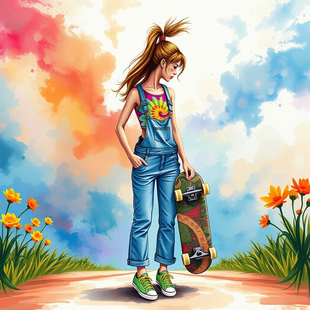 Woman with Skateboard in Dreamlike Watercolour Scene