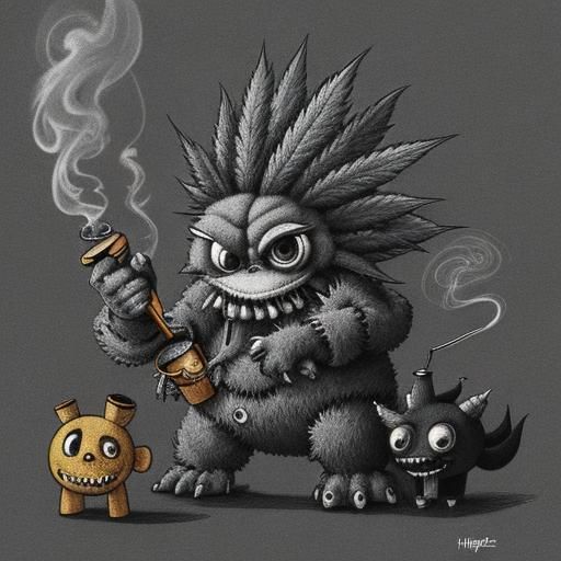 Cartoon Plushie Monster Stoners: Hyperdetailed Charcoal Draw...