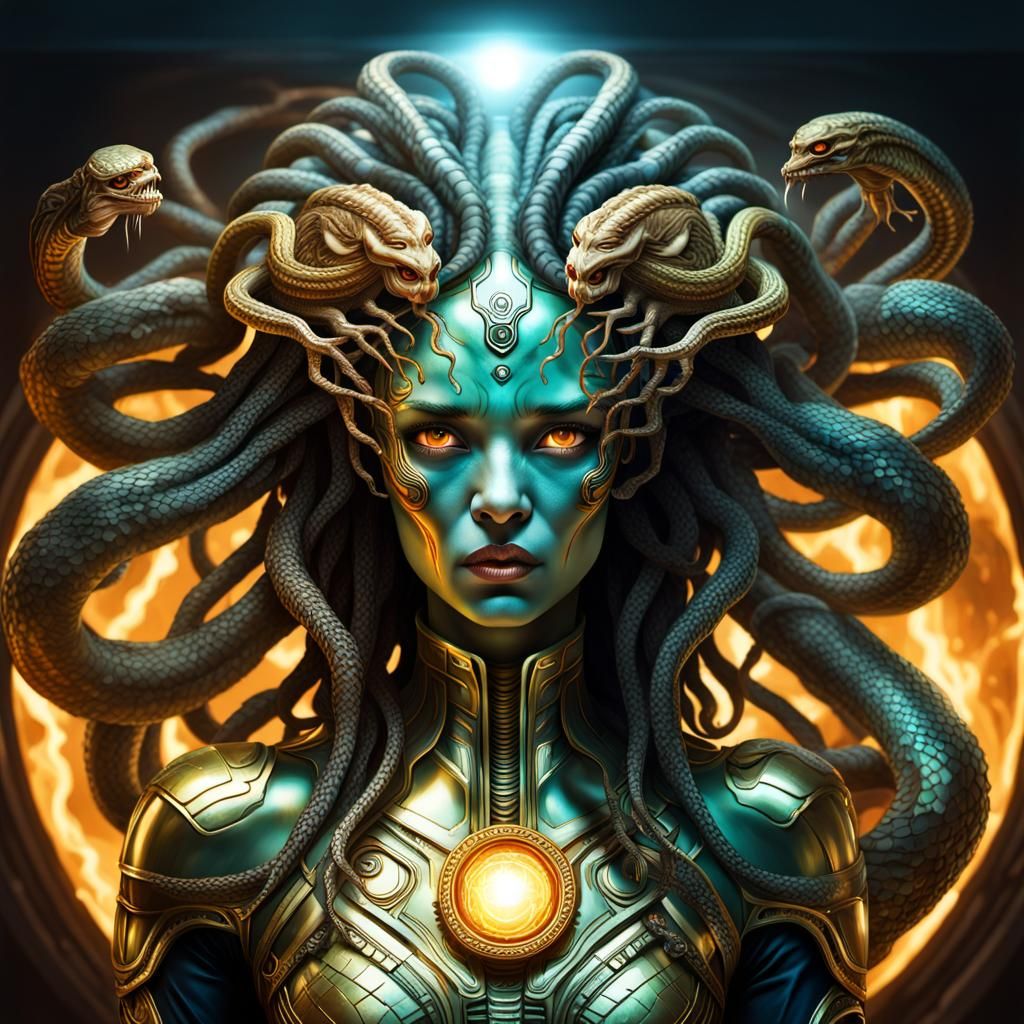 Futuristic Alien Medusa with Mirror, Hyperrealistic Graffiti...