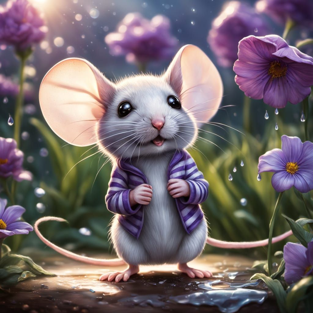 Whimsical Mouse Does Laundry Under Giant Flower