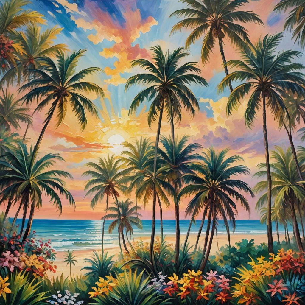 Tropical Beach Impressionist Painting in Monet Style