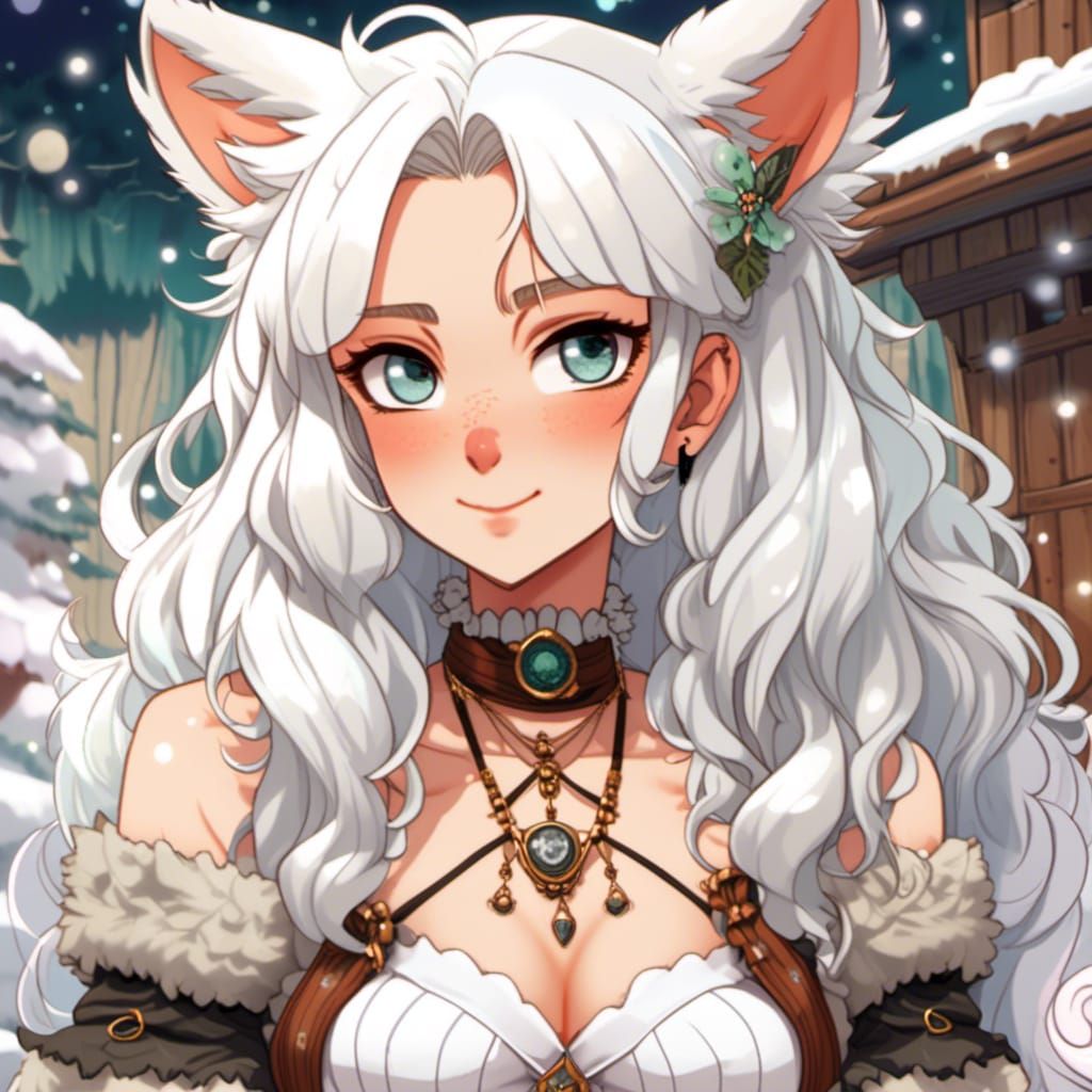 Icy White Cat Girl in Anime Style