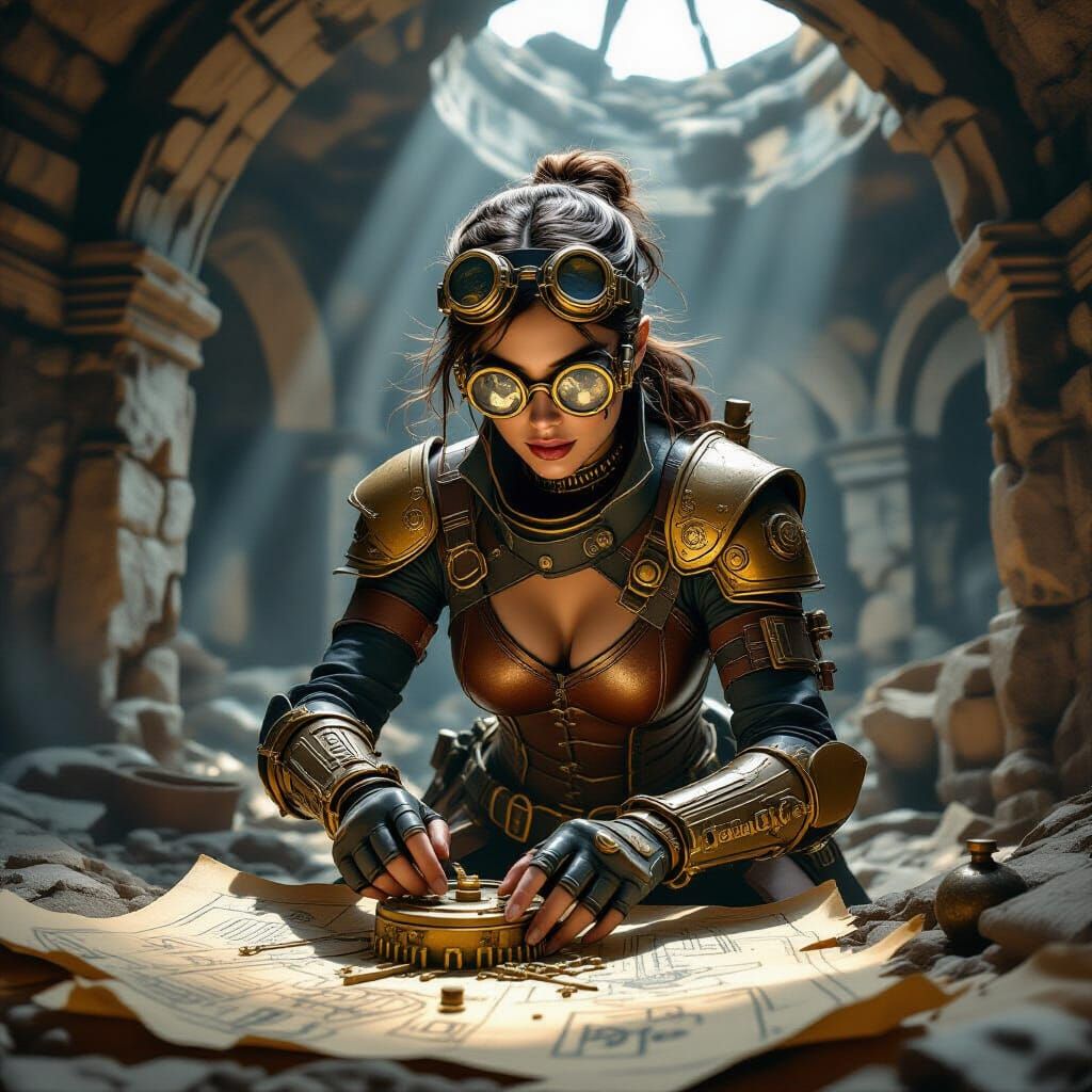 Steampunk Adventurer Disarms Clockwork Trap in Ruins