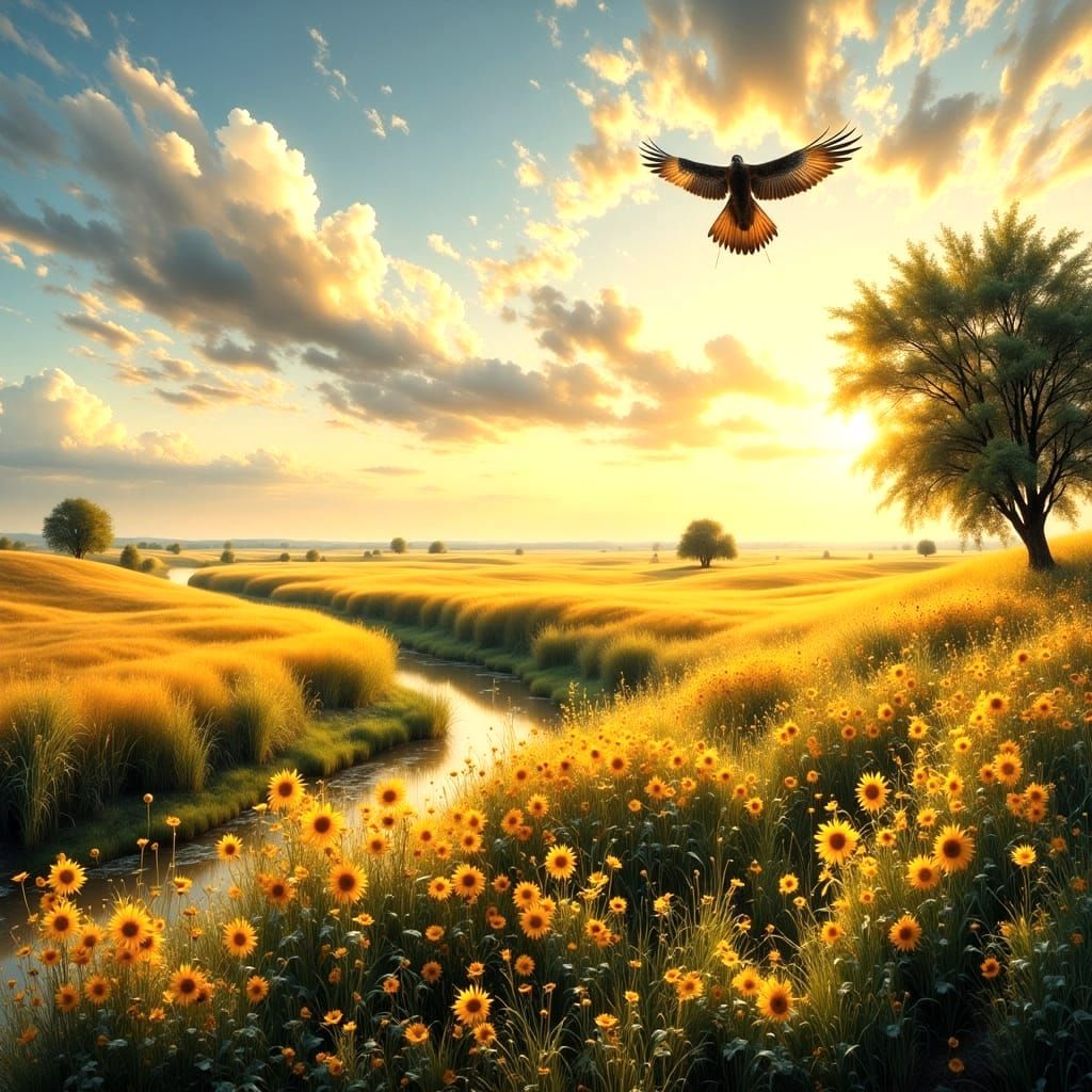 Golden Hour in Serene Rural Kansas Landscape