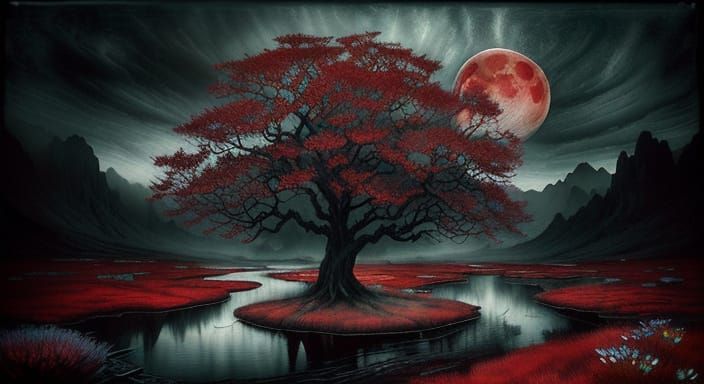 Surreal Oak Tree Under Blood Moon
