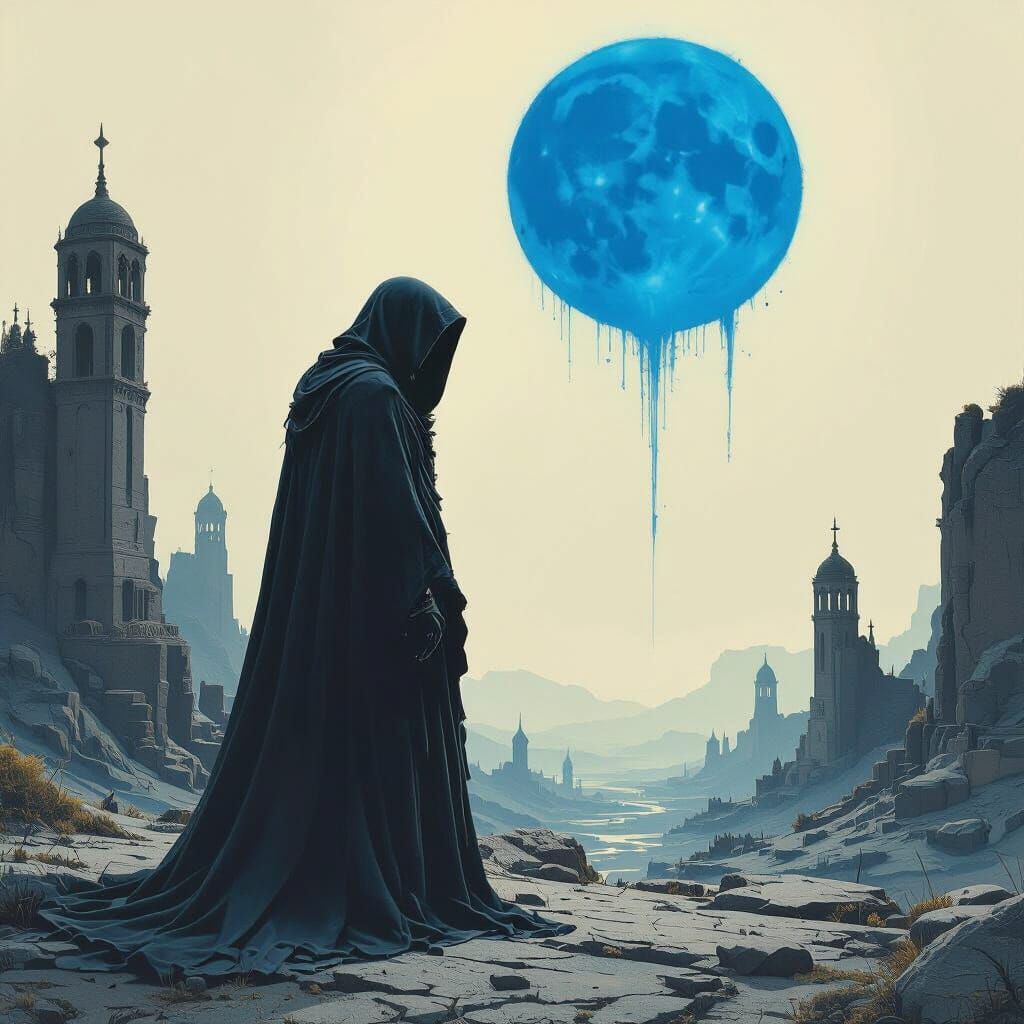 Dark Fantasy Landscape with Despairing Figure Under Blue Moo...