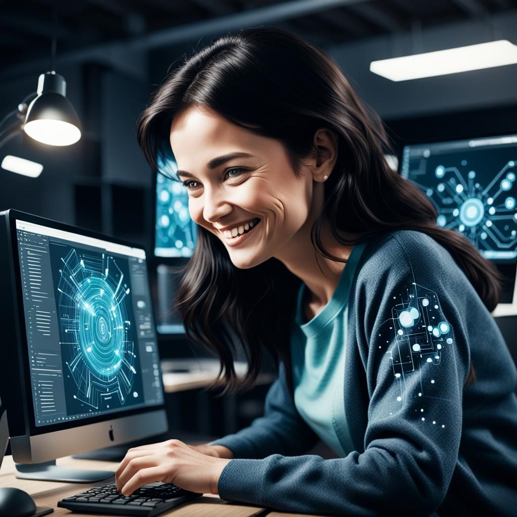 a dark haired caucasion woman working on her computer, she i...