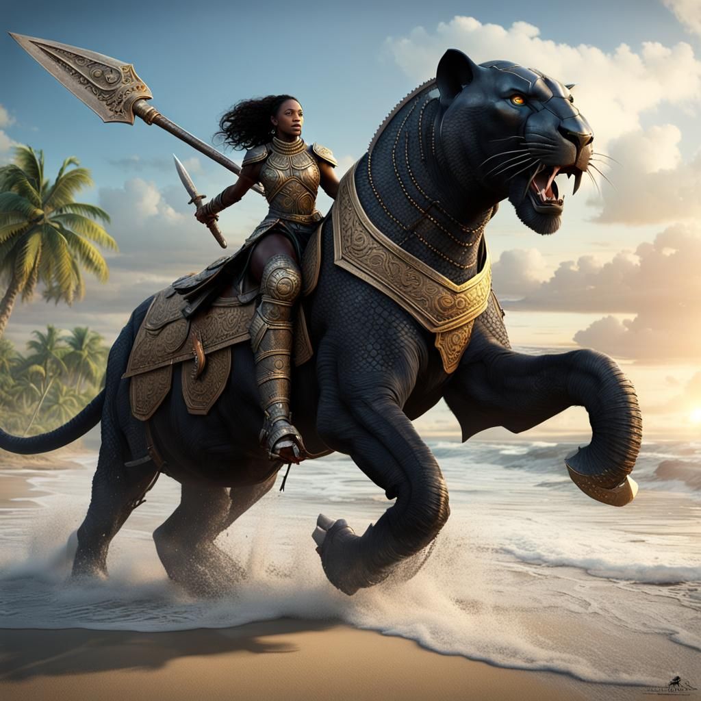 Black Panther Humanoid on Elephant, Dark Fantasy Art