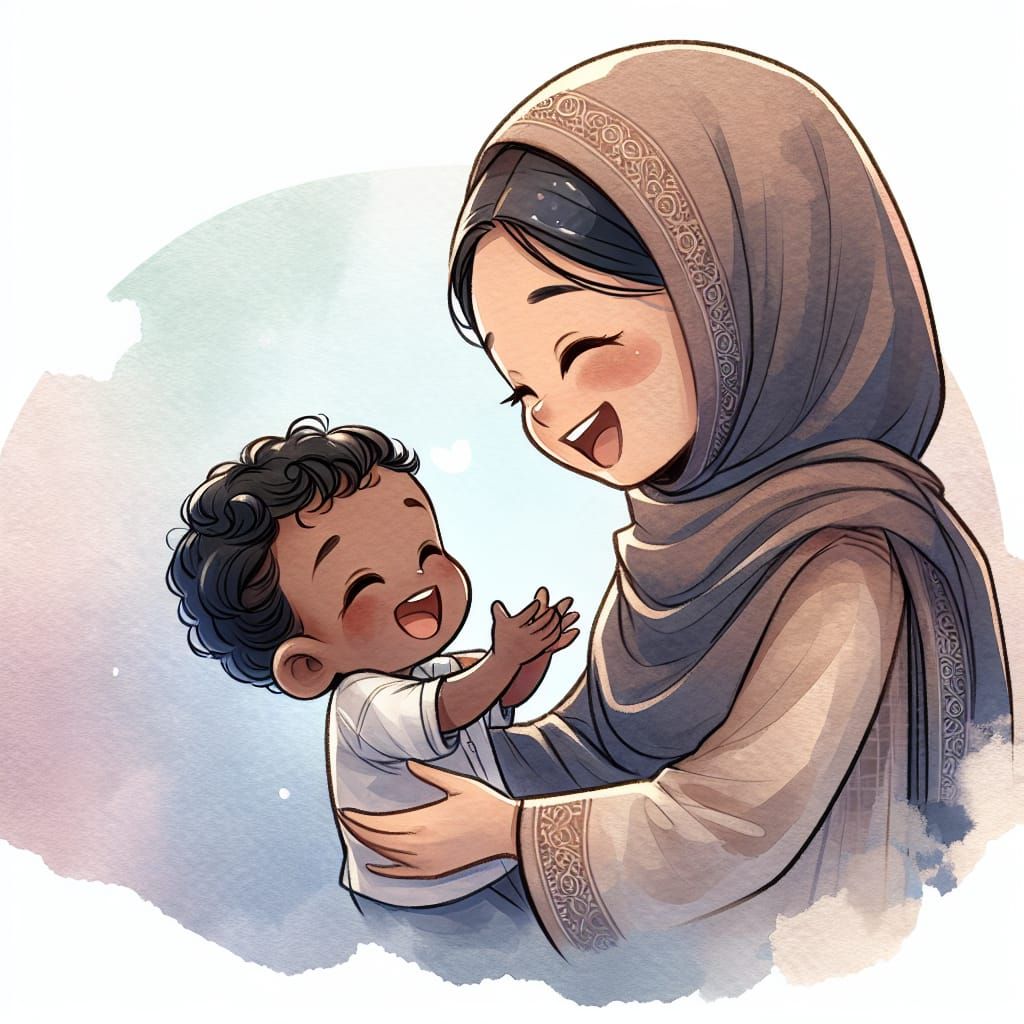 Chibi-Style Watercolor Illustration of Mother and Child