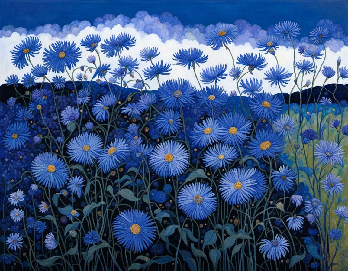 Blue Asters Bending: Art Nouveau Style