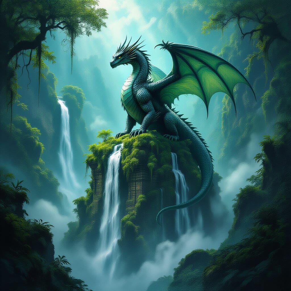Majestic Dragon on Ruin in Bioluminescent Jungle