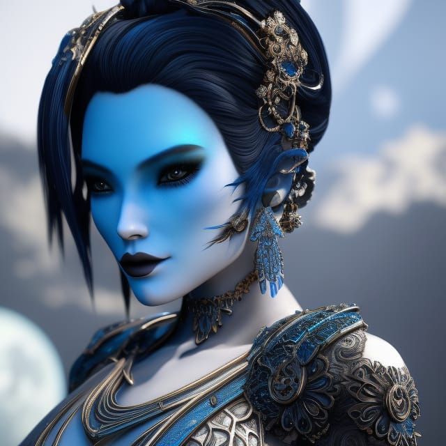 Gothic Goddess of the Moon in Vibrant Black and Blue