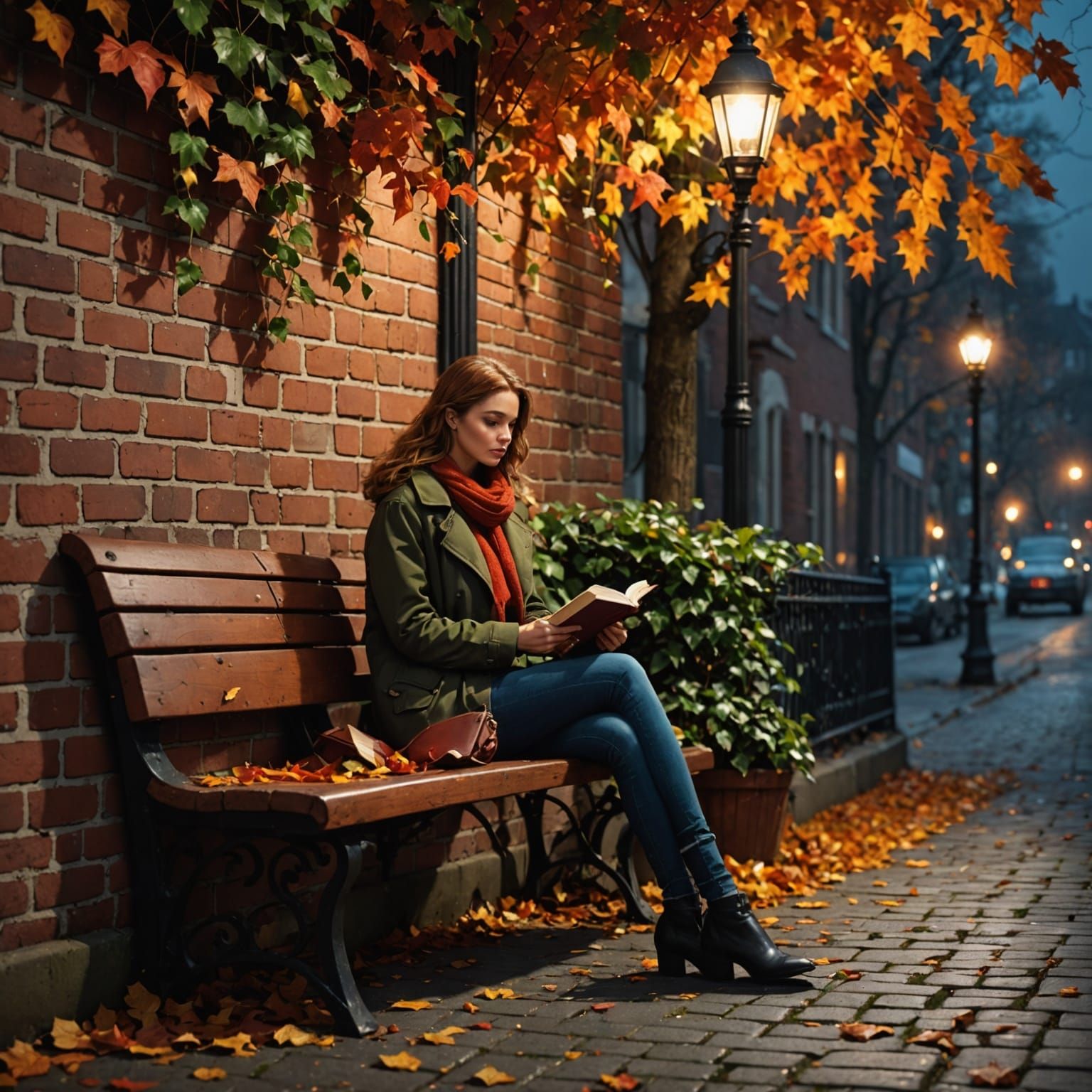 Ivy Covered Wall with Woman Reading by Streetlight