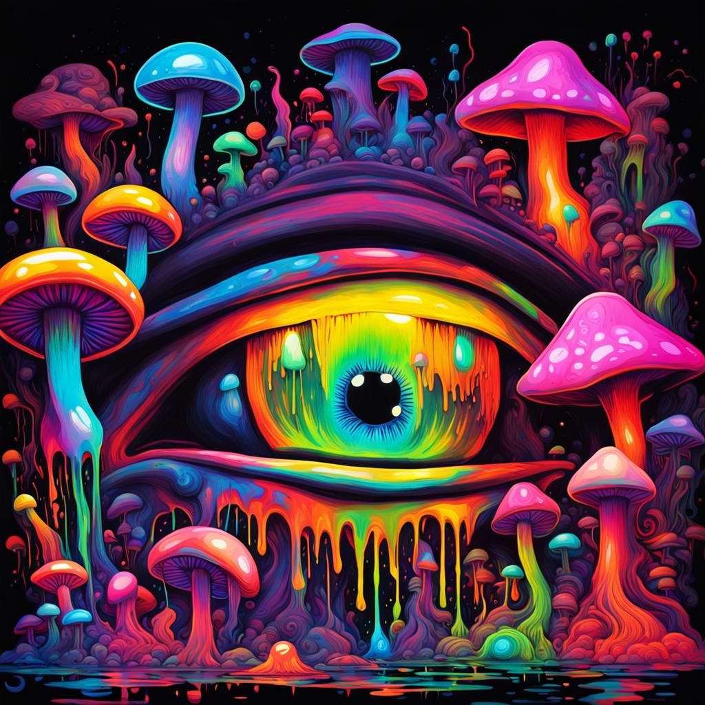 Trippy Neon Eye with Mushrooms and Aliens