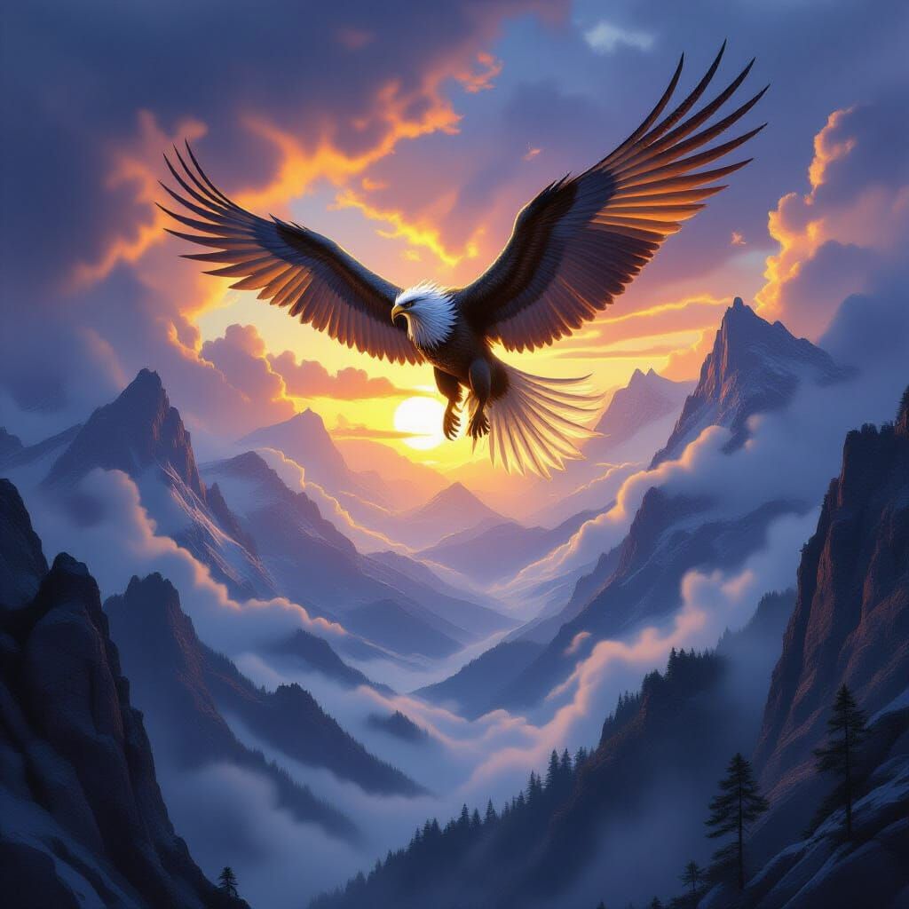 Majestic Griffin Soars Through Stormy Sky Above Mountains