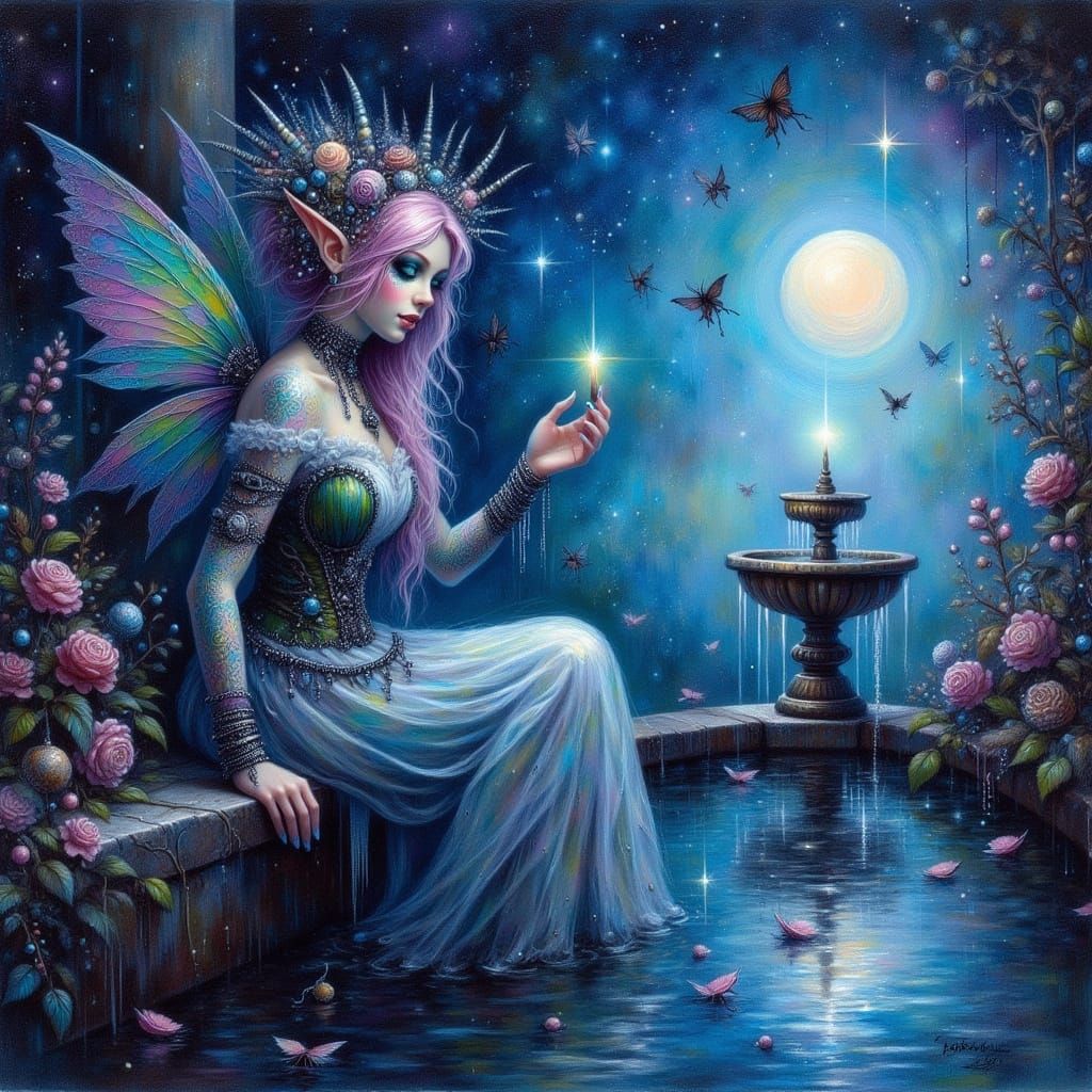 Ethereal Sorceress by Moonlit Fountain