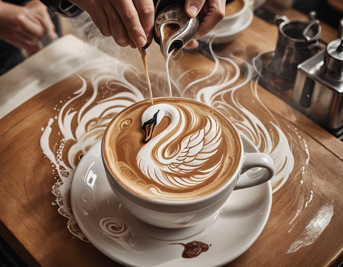 Latte Art Swan Design in Coffee Shop