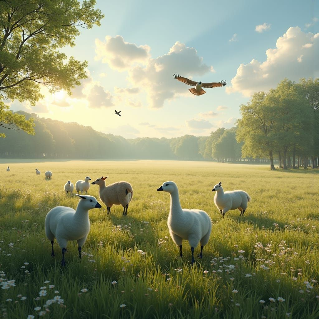 Cows in Meadow with Eagle, in Digital Art Style