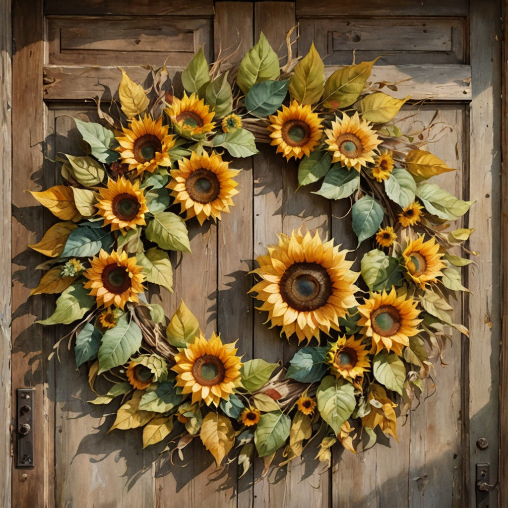 Sunflower Wreath on Rustic Door in Watercolor